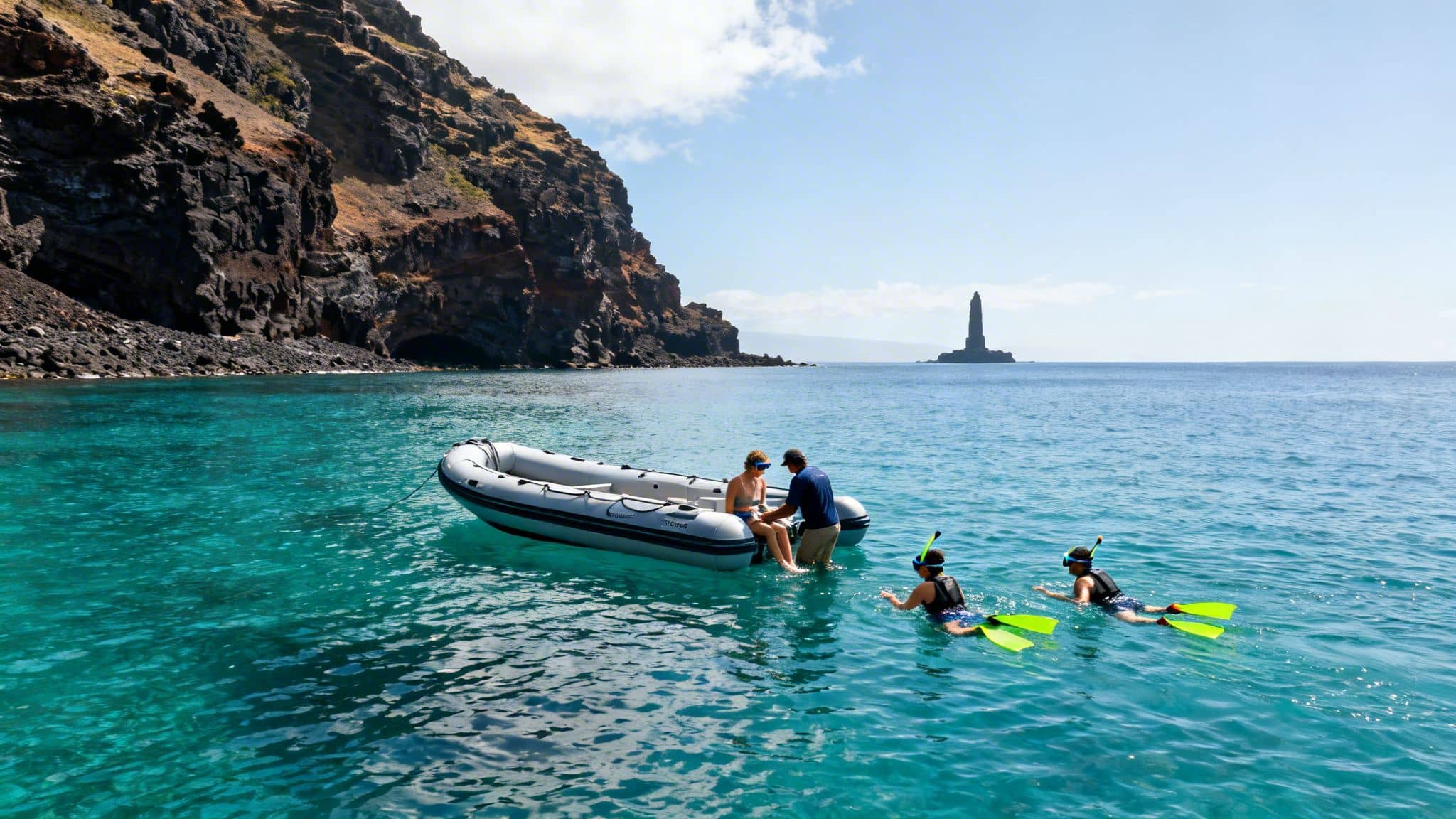 People snorkeling near an inflatable boat off a rocky coast with a distant sea stack.