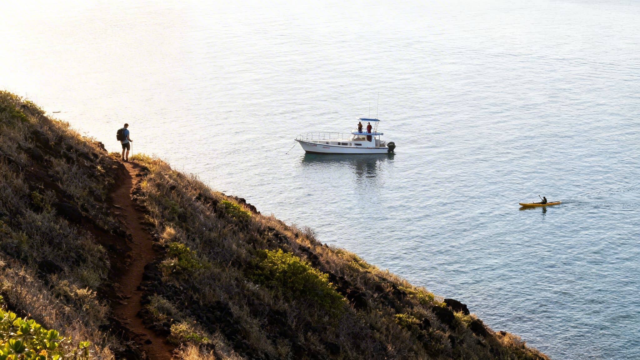 A hiker overlooks the ocean with a boat and a kayaker, enjoying various coastal activities.