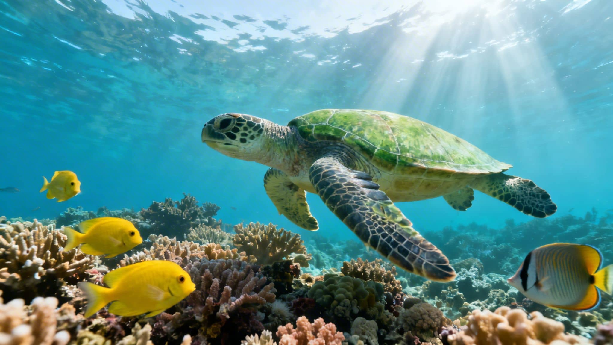 Green sea turtle gracefully swimming over a vibrant coral reef with yellow fish and sun rays.