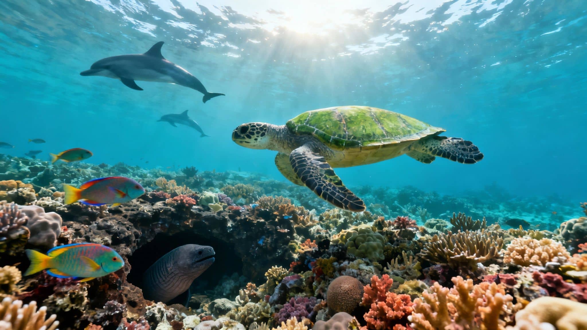 An underwater scene with a sea turtle, dolphins, colorful fish, and a moray eel amidst coral reefs.