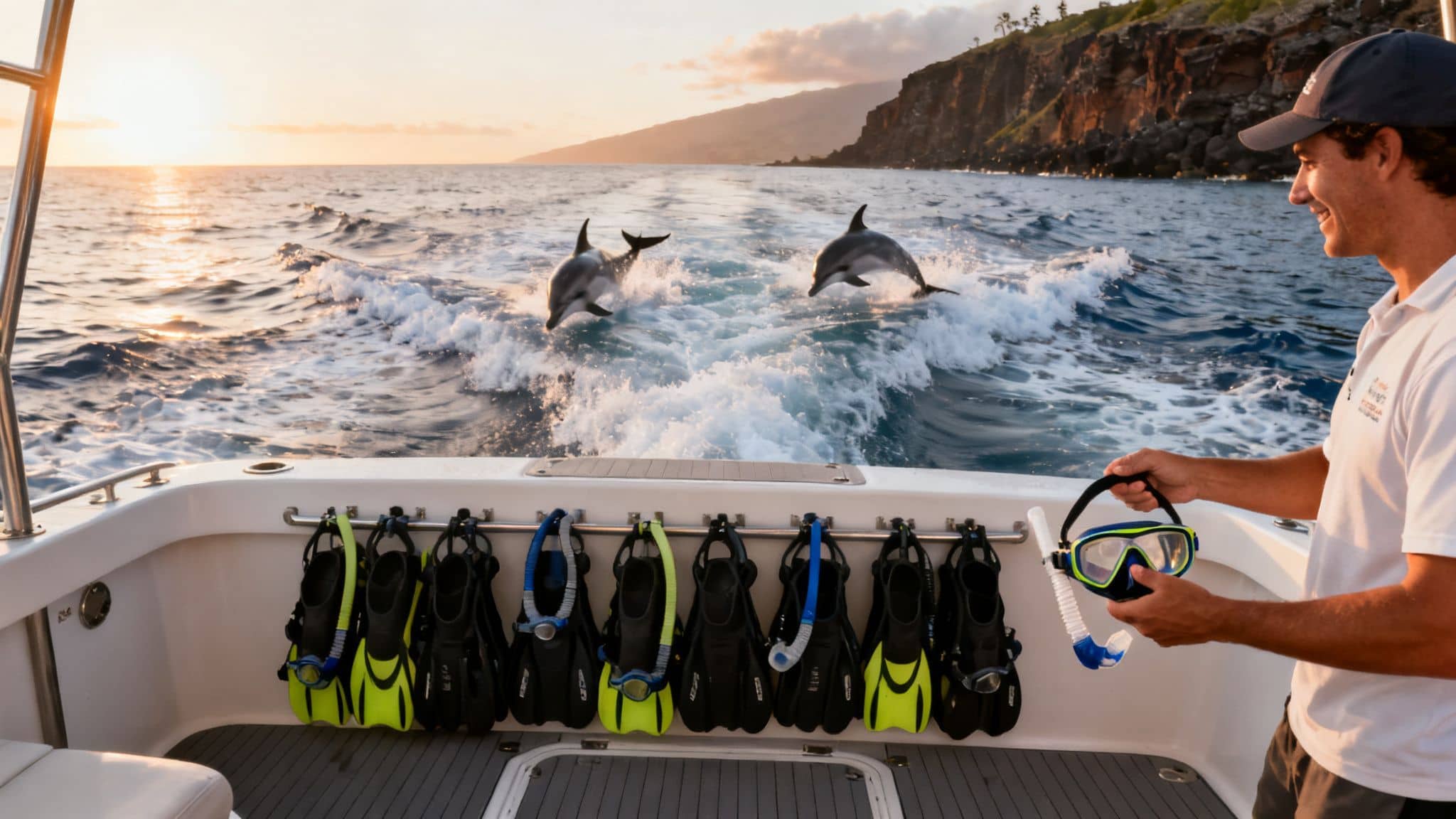 A smiling man on a boat holds a snorkel mask while two dolphins jump from the ocean at sunset.