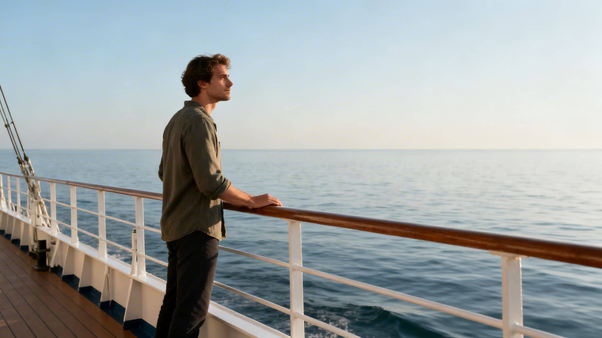 A man stands on a cruise ship deck, looking thoughtfully at the vast, calm ocean.