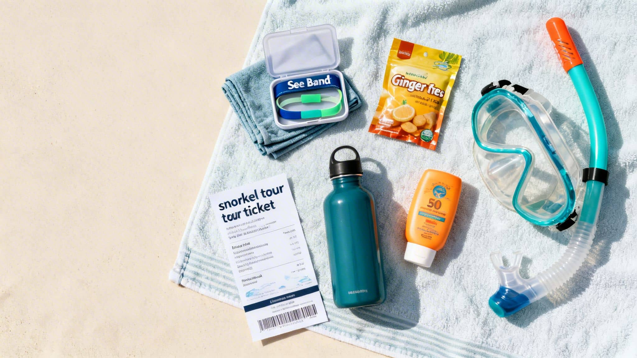 Snorkel tour essentials: ticket, motion sickness band, ginger candies, sunscreen, water bottle, and snorkel gear.