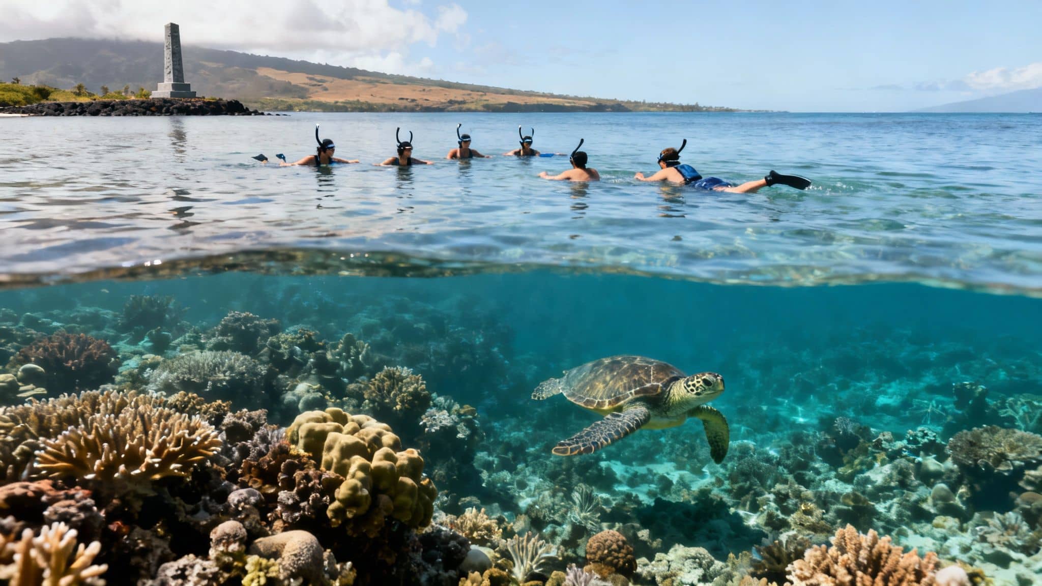 A split-level view of people snorkeling above a vibrant coral reef with a sea turtle.