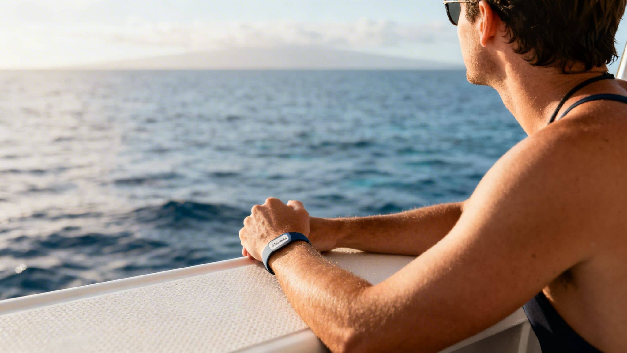 A man wearing a blue wristband leans on a boat railing, looking out at the calm ocean.