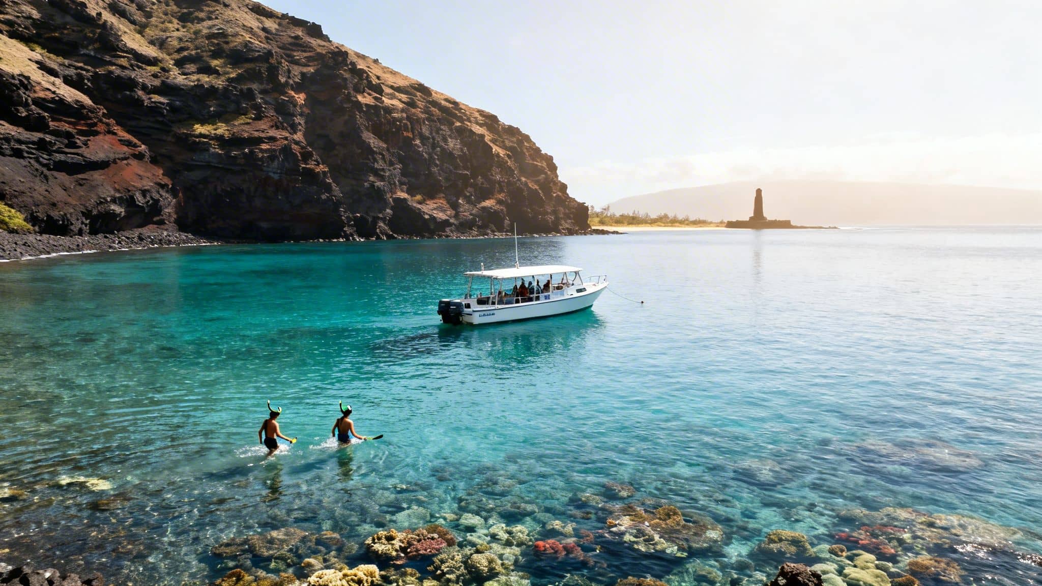 Two people snorkeling in clear turquoise water near a boat and rocky cliffs on a sunny day.