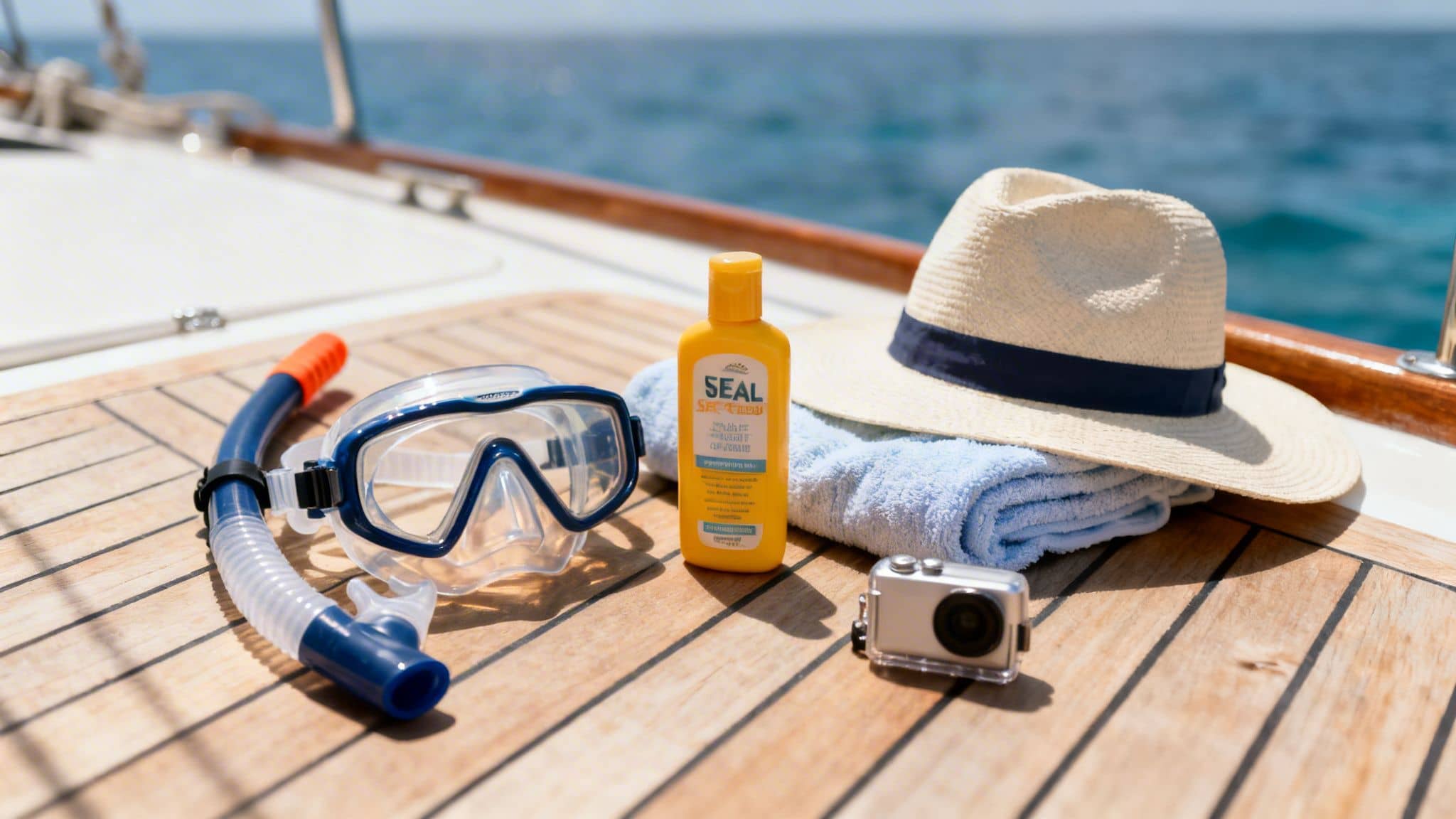 Snorkeling gear, sunscreen, a hat, towel, and camera on a boat deck, ready for a day in the ocean.
