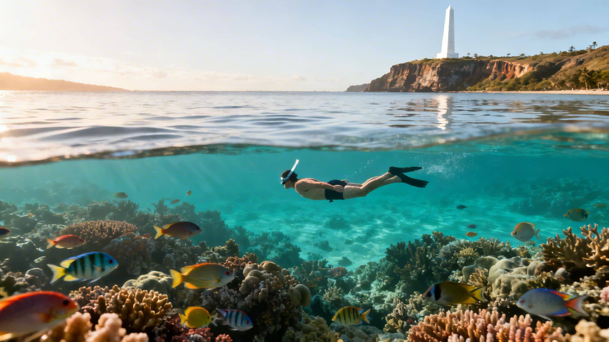 A man snorkels over a colorful coral reef with fish, split view of ocean and tropical coastline.