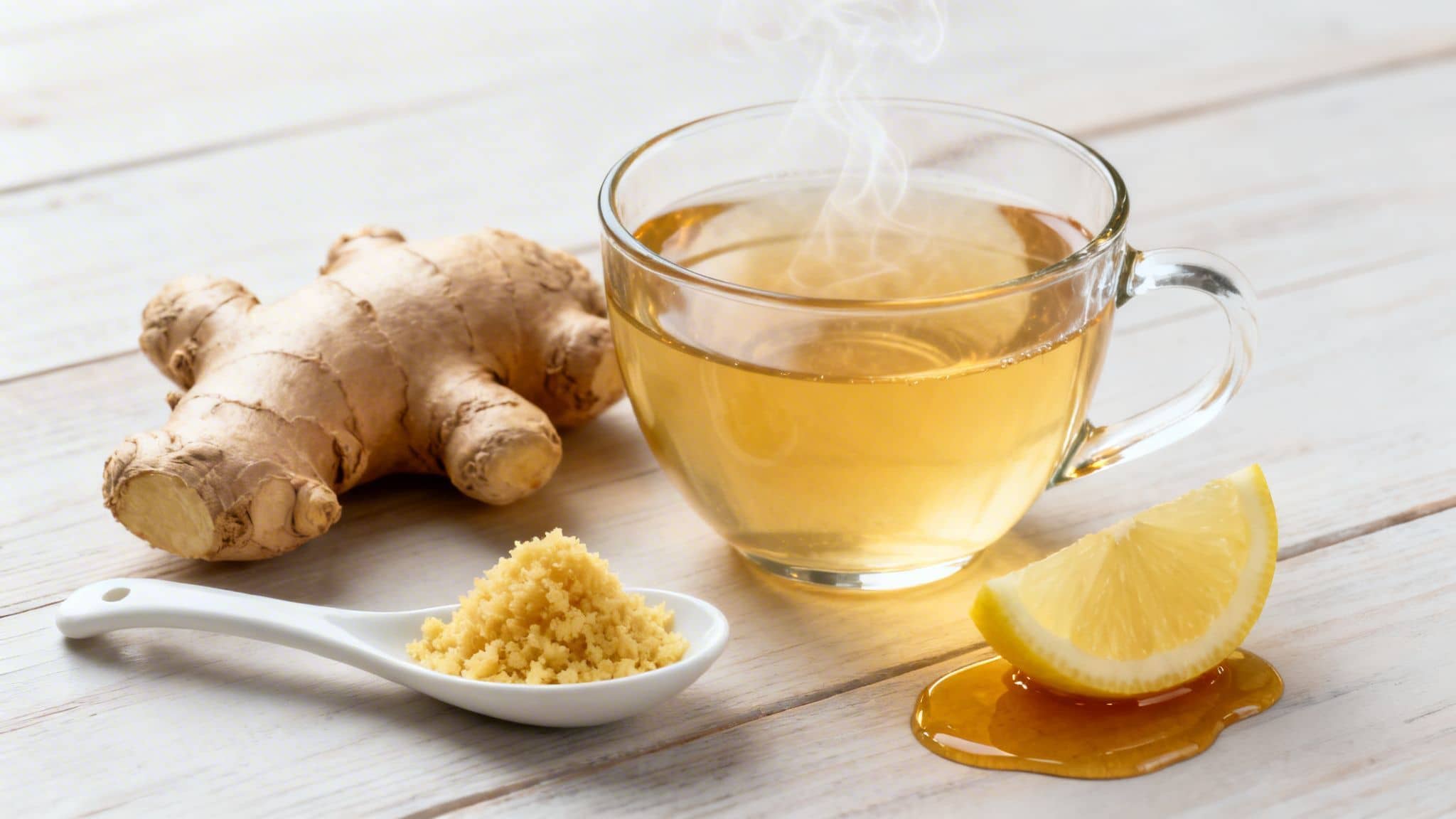 Steaming ginger tea with fresh ginger, ground ginger, a lemon wedge, and honey on a wooden table.