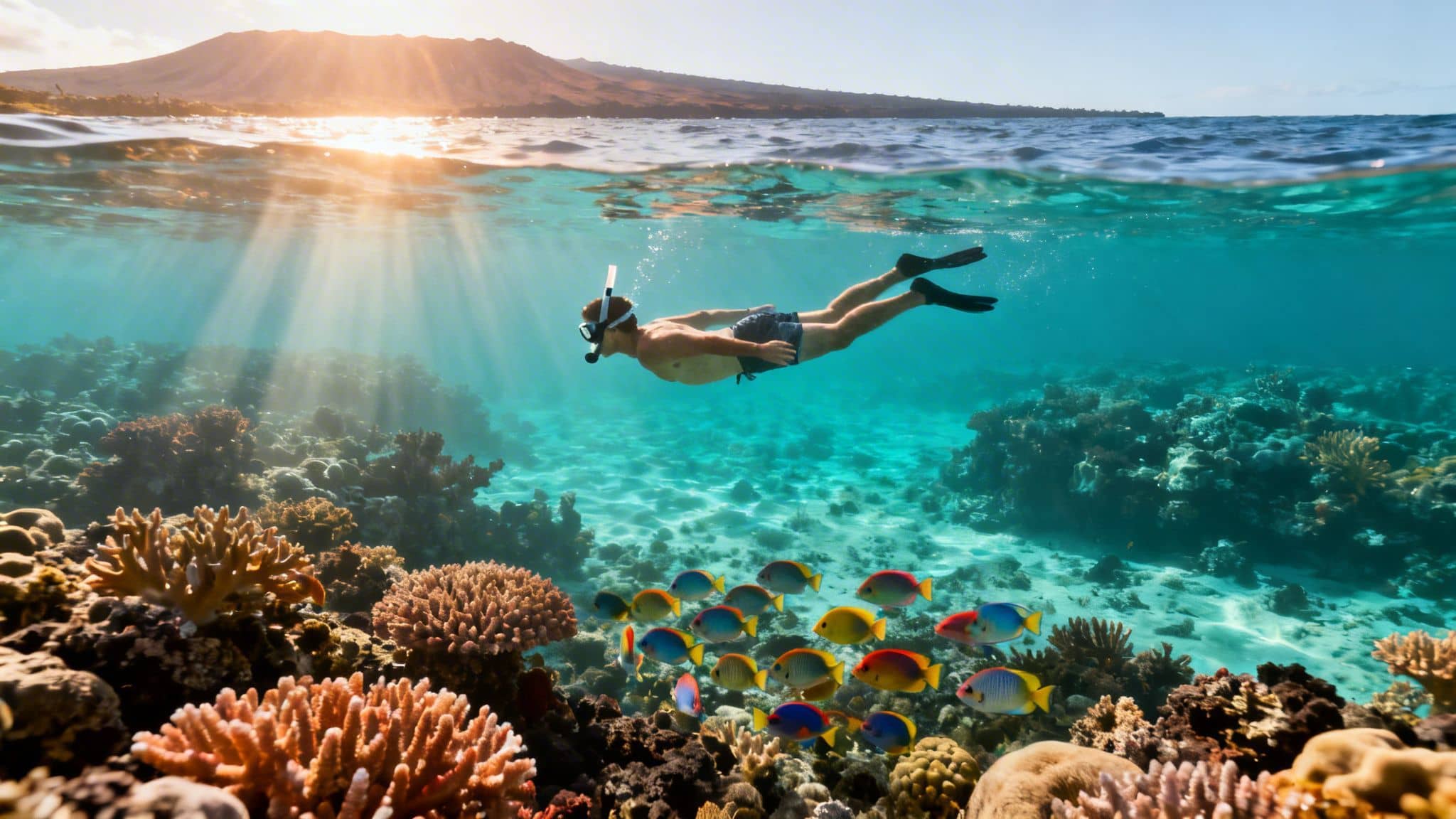 A person snorkeling above a vibrant coral reef with colorful fish and sun rays in clear ocean water near an island.
