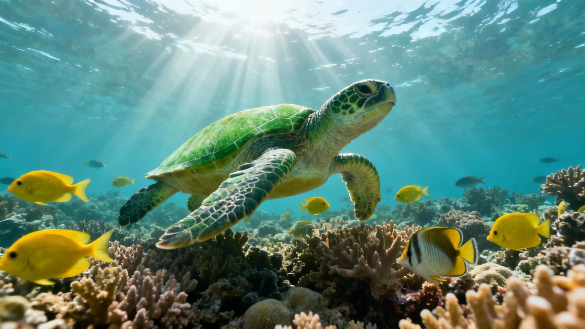Beautiful green sea turtle glides over a sunlit coral reef filled with yellow fish.