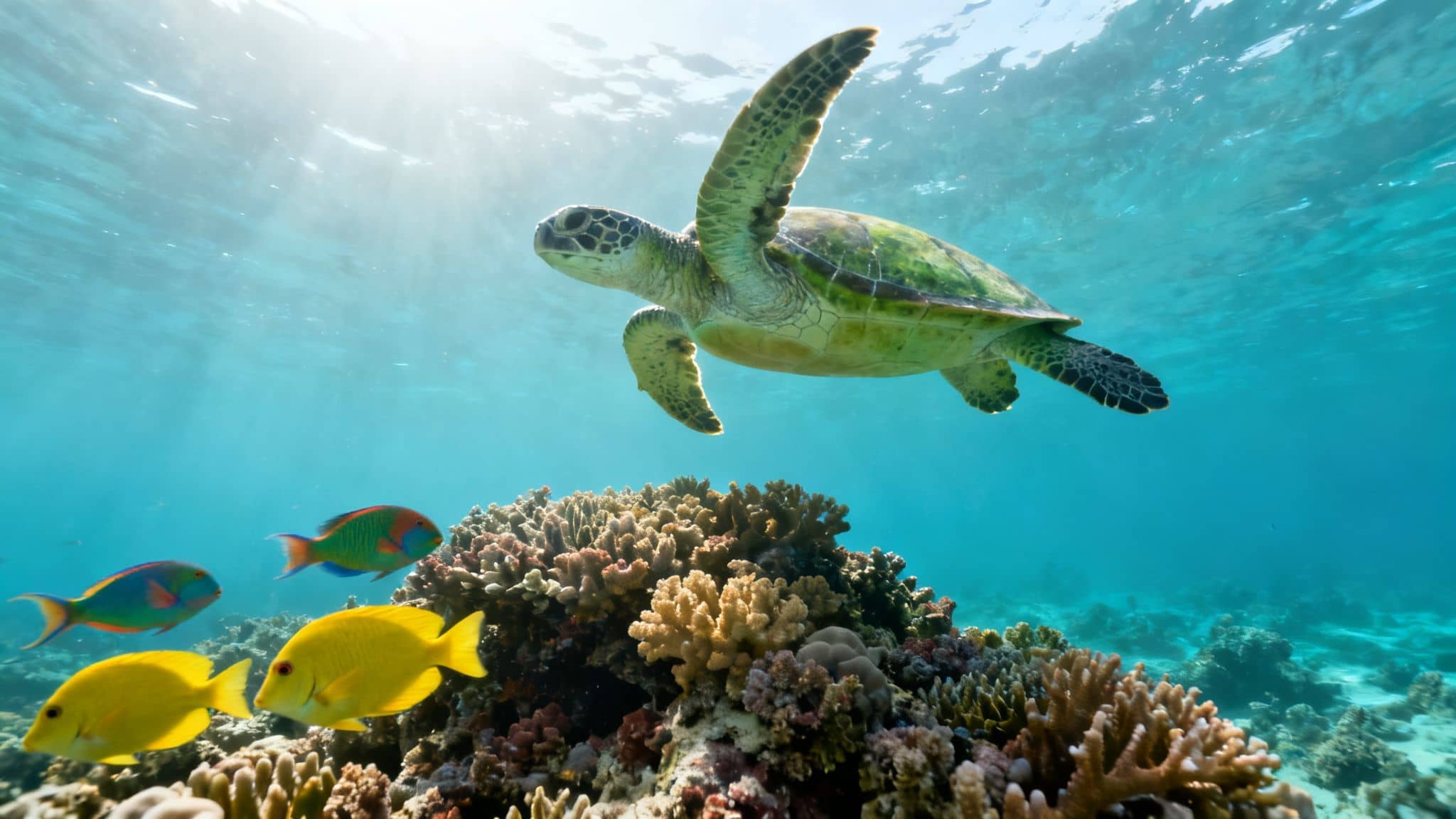 A majestic green sea turtle swims above a vibrant coral reef, illuminated by sun rays.