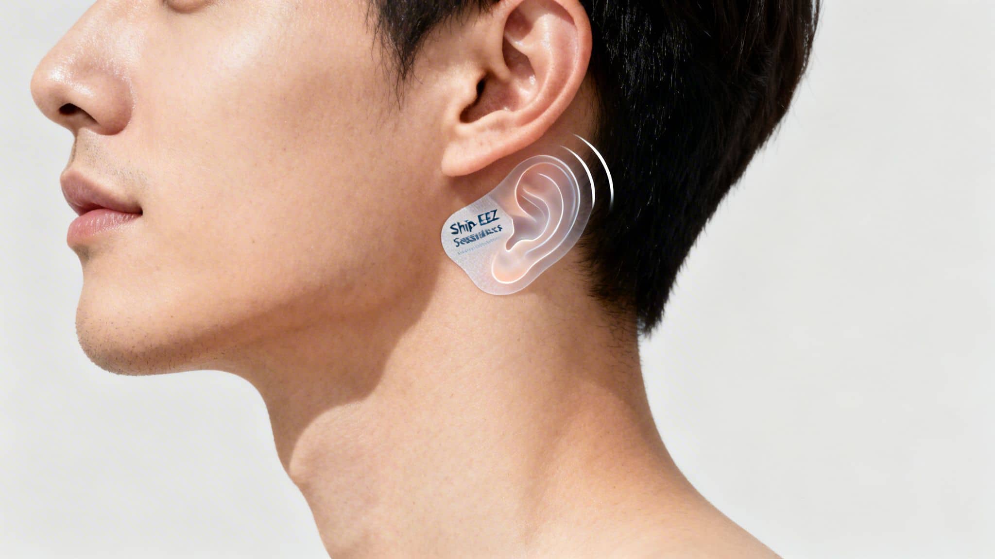 Close-up of a person wearing a transparent ear-shaped patch for sea sickness behind their ear.