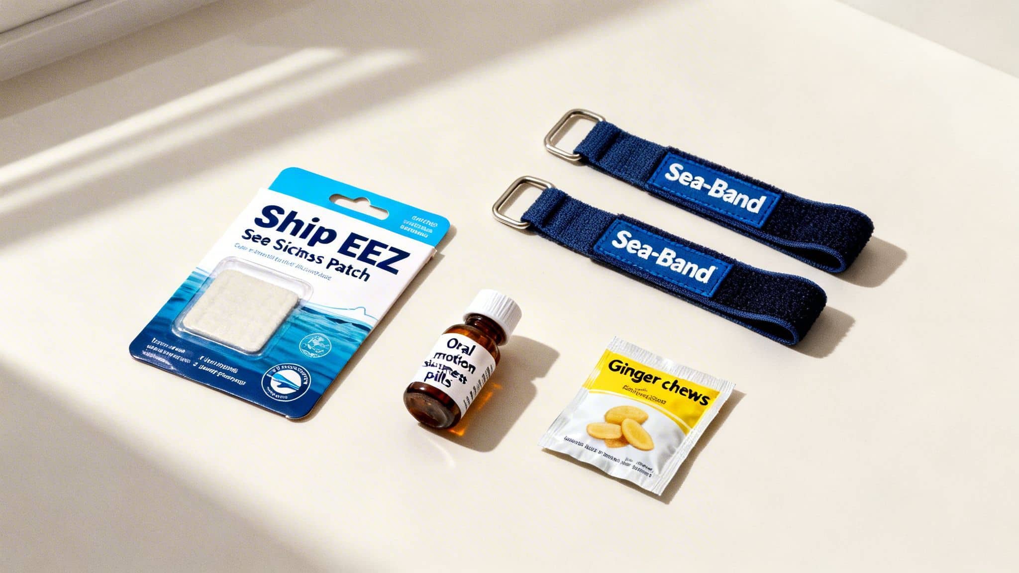 A flat lay of various motion sickness remedies including a patch, wristbands, pills, and ginger chews.