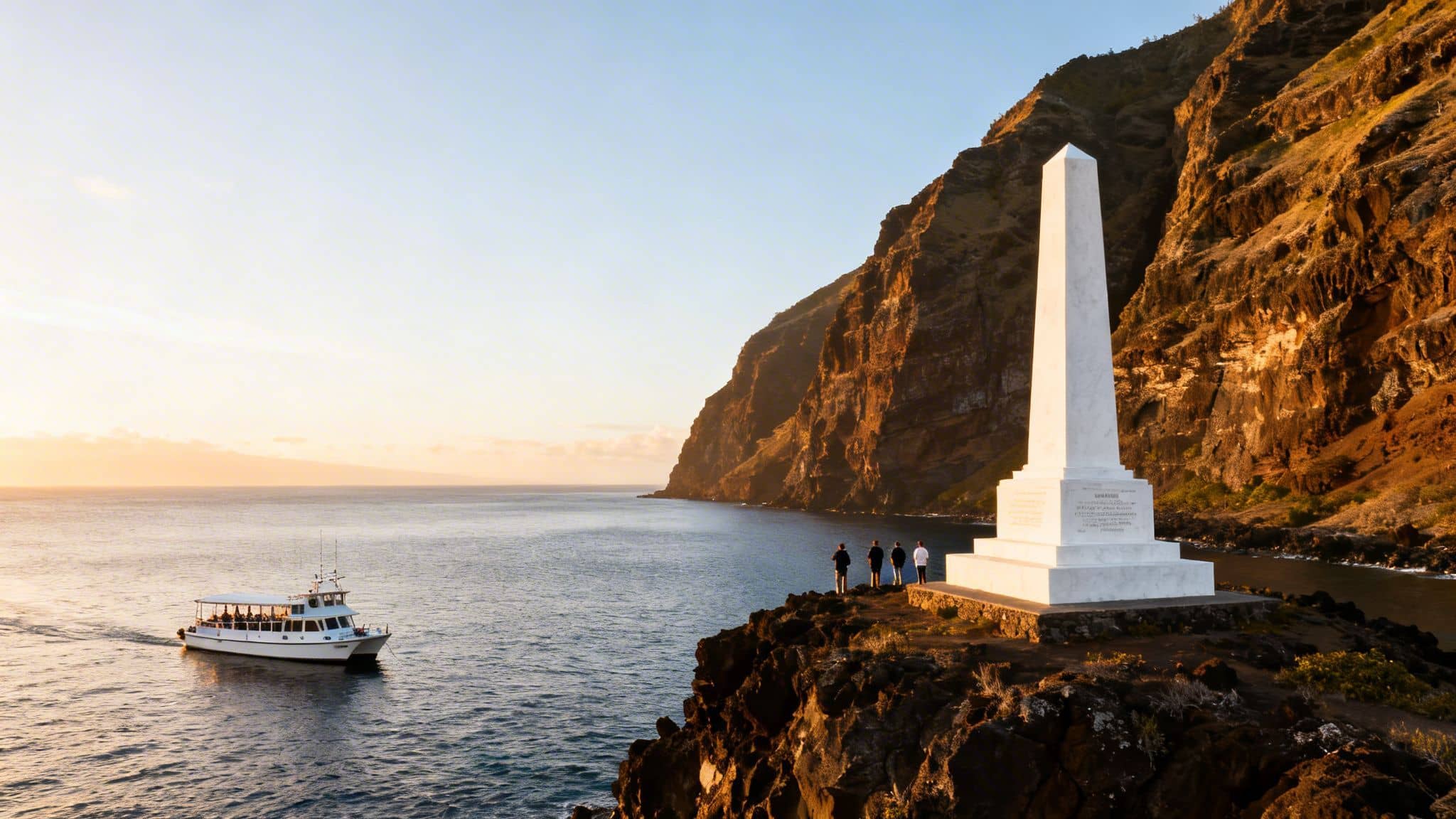 Captain Cook's monument overlooking Kealakekua Bay with a tour boat and steep cliffs at sunset.