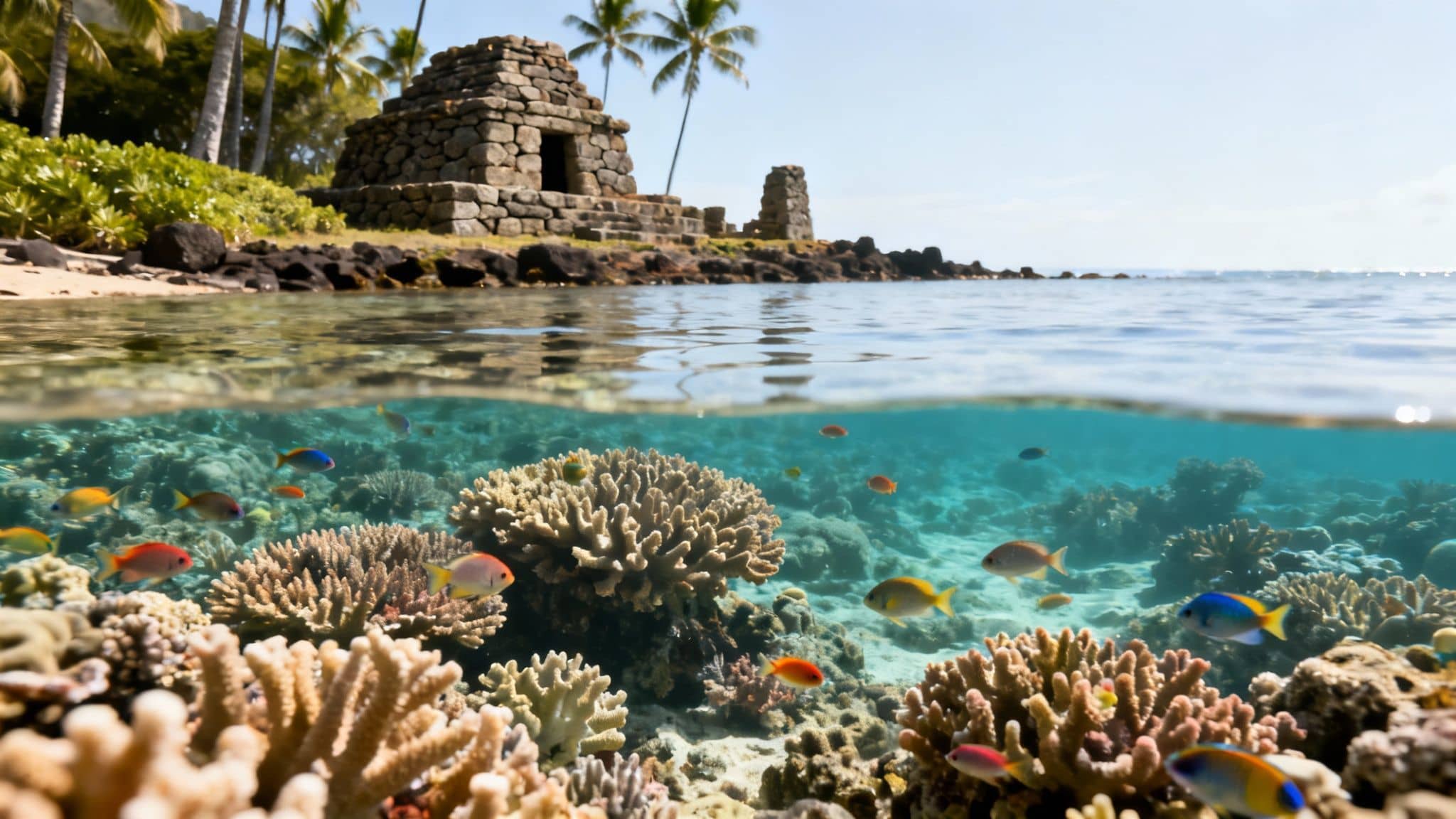 Split-level view of a vibrant coral reef with colorful fish and an ancient Hawaiian temple and palm trees.