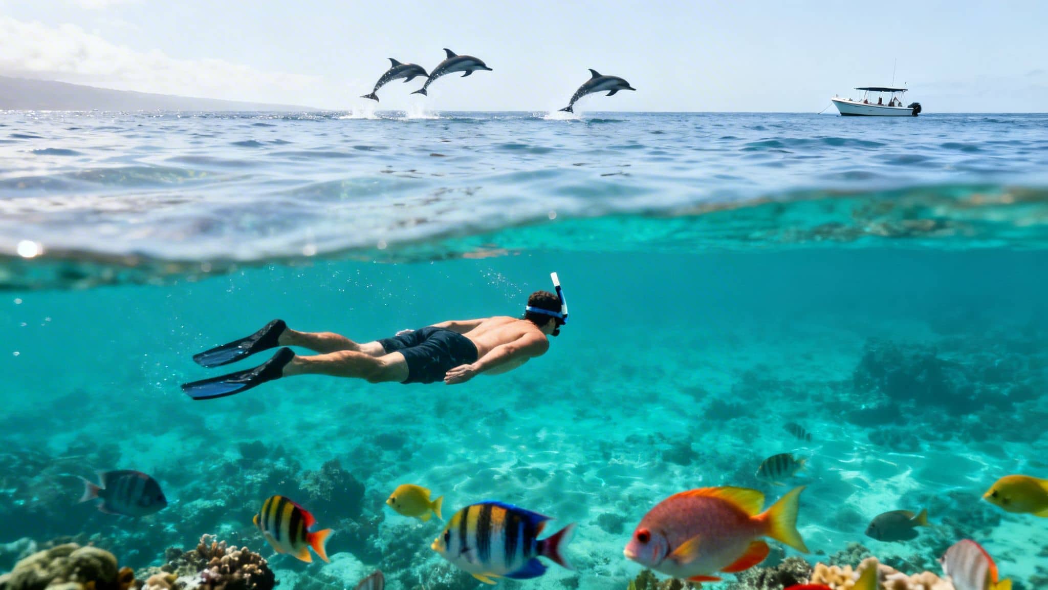 A man snorkels over a coral reef with colorful fish while dolphins jump above water.